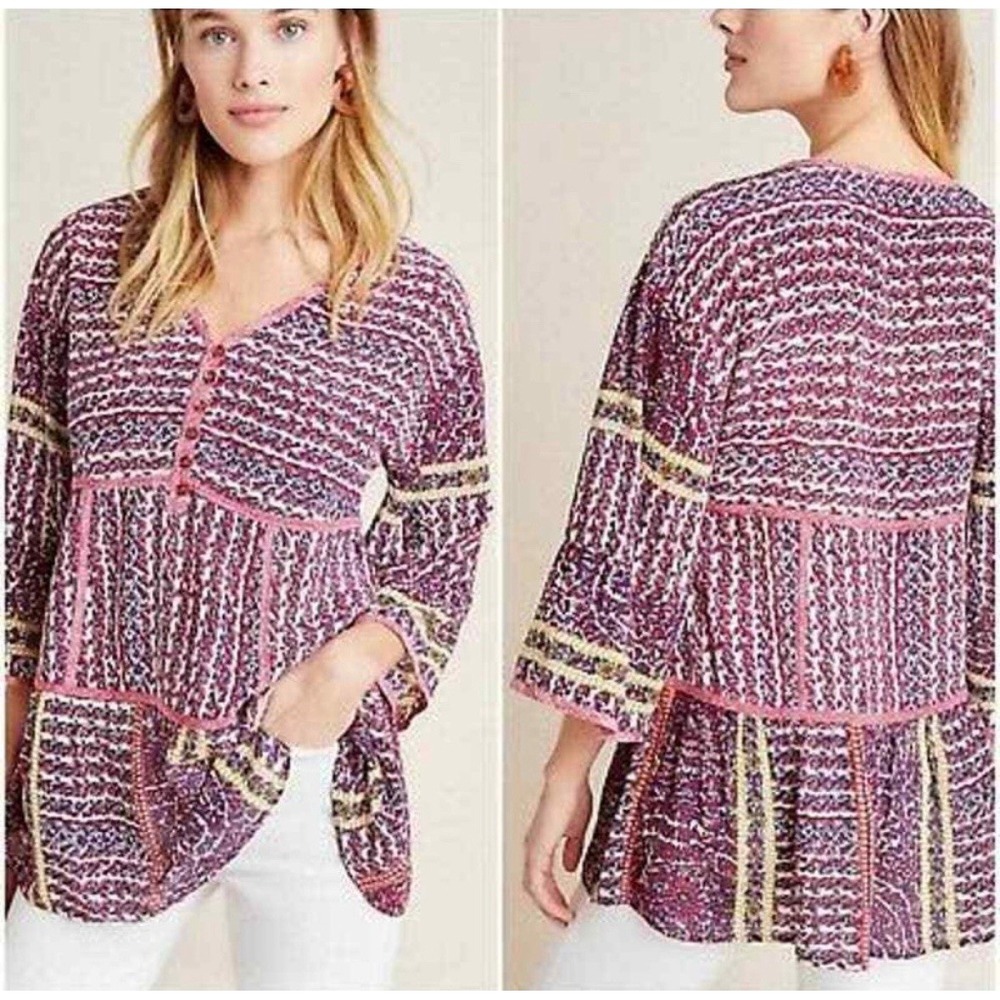 Maeve Anthropologie 100% Silk Pink Paisley Tiered Babydoll Tunic Top Small
